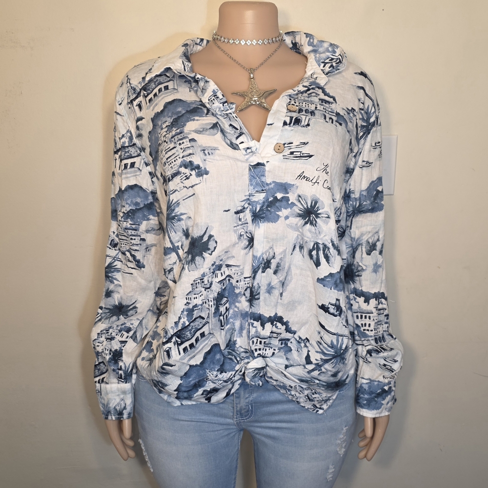 ☆Cynthia Rowley 100% Linen Blue and White Printed Button-Down Shirt☆
